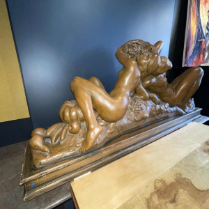 JEF LAMBEAU (attr) 'Bacchantes' sculpture 127cm, nude women & fruit, ca 1900