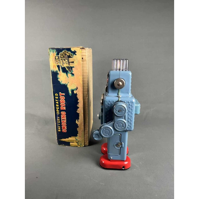 Smoking Spaceman Robot en métal bleu dans sa boite d'origine, Yonezawa Japon ca 1960