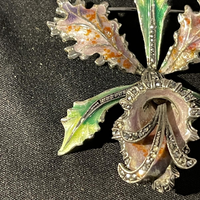 Solid silver enamelled Orchid or Iris flower brooch, mid 20th century