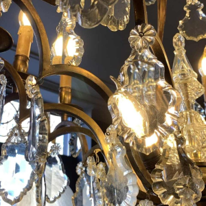 Large Cage Chandelier Louis XV Style Bronze Daggers Crystal, 19th Napoleon III