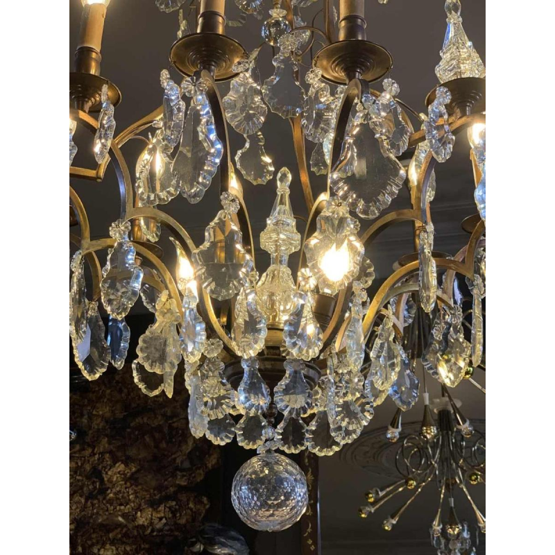 Large Cage Chandelier Louis XV Style Bronze Daggers Crystal, 19th Napoleon III
