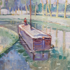 Vissen in Vlaanderen' olieverf op paneel door Raphaël Dubois, luministisch schilderij