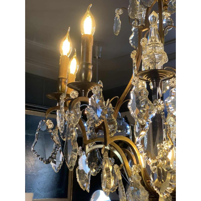 Grand Lustre Cage de style Louis XV Bronze Poignards Cristal, 19ème Napoléon III