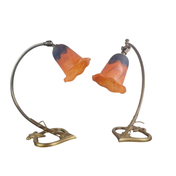 Daum Nancy, pair of Art Nouveau lamps with bronze bases and marmorated glass tulips, early 20th century