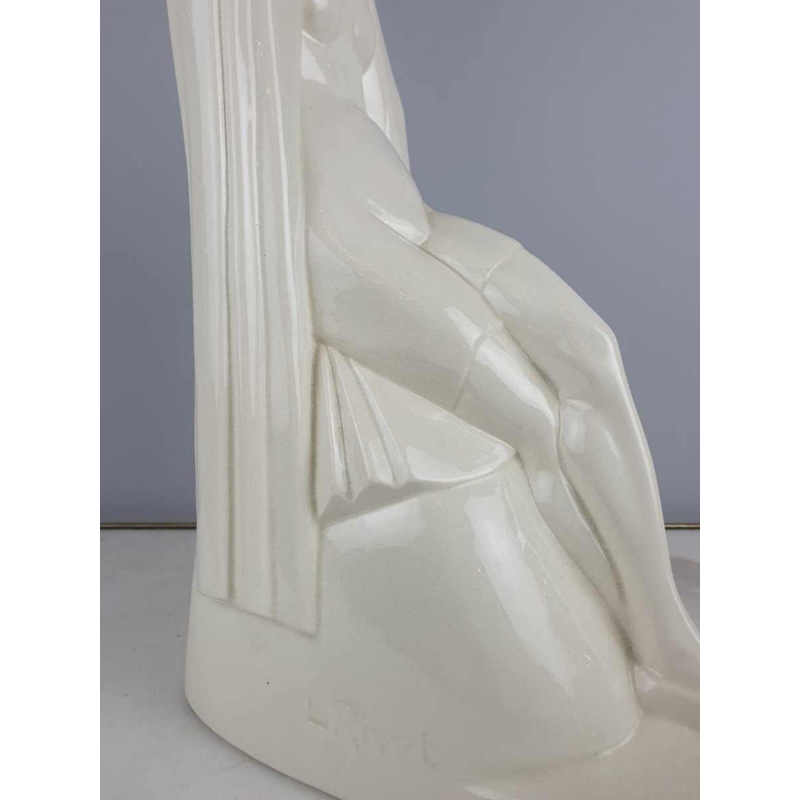 Louis Rivet 'Naakte vrouw uit bad' Art Deco keramische sculptuur, wit craquelé, ca 1930