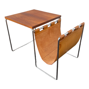 Table d'appoint / porte-journaux vintage en cuir, palissandre acier chrome´ 1970
