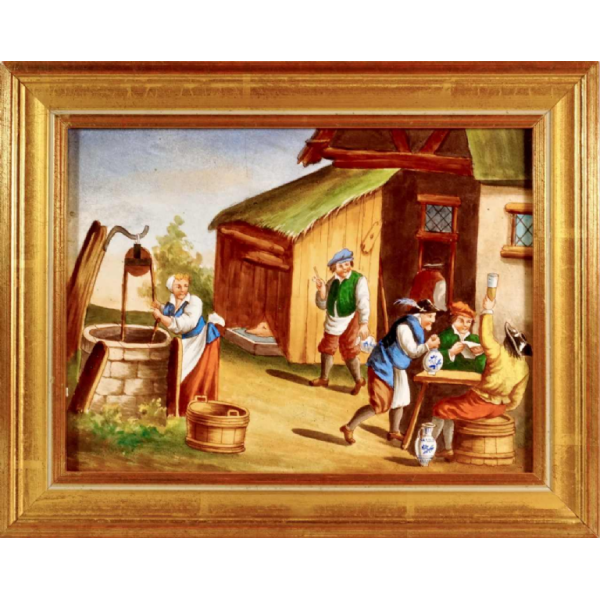 Porseleinen bord met geschilderde decoratie naar Teniers, 19e eeuw