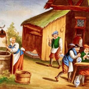 Porcelain plate with painted decoration after Teniers, 19th century