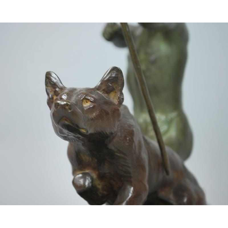 Art Deco bronzen sculptuur van de Franse beeldhouwer Louis Riche, "De jager en zijn hond".