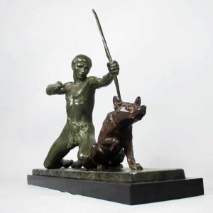 Art Deco bronzen sculptuur van de Franse beeldhouwer Louis Riche, "De jager en zijn hond".