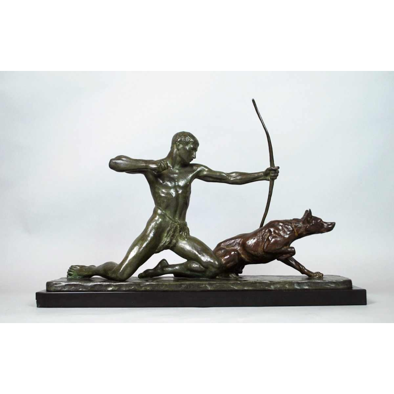 Art Deco bronzen sculptuur van de Franse beeldhouwer Louis Riche, "De jager en zijn hond".