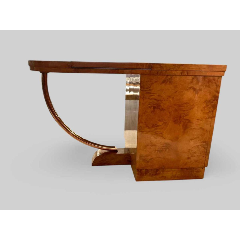 Bureau / coiffeuse dappoint Art Déco double face, loupe de frêne et laiton, France ca 1925
