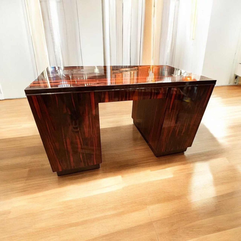 Art Deco double-sided desk, stamp-polished Macassar ebony, France ca 1925