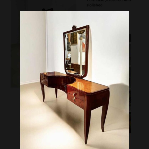 Charles Van Beerleire, meuble coiffeuse ou console de style Art Deco en acajou, érable moucheté et bronze, ca 1935