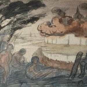 Eugène Laermans, tekening Les baigneuses gemengde techniek op papier, Belgische school 1916