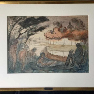 Eugène Laermans, dessin « Les baigneuses » technique mixte sur papier, école belge 1916