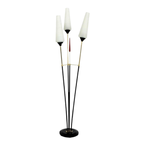 René Mathieu pour Maison Lunel, lampadaire « Roseaux » métal laqué, laiton & opaline, ca 1955