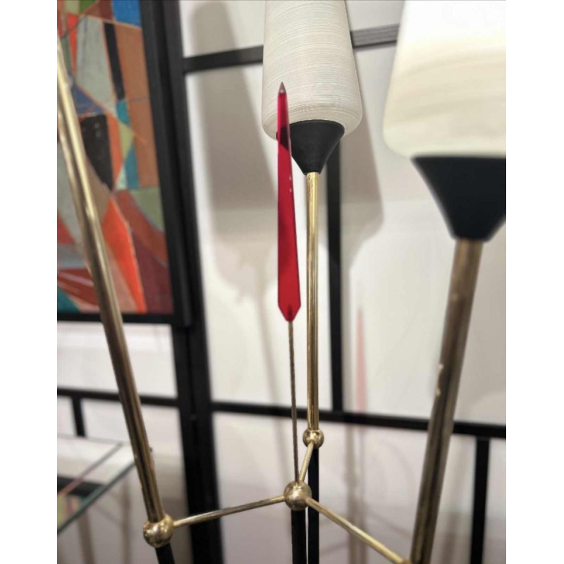 René Mathieu for Maison Lunel Roseaux floor lamp, lacquered metal, brass & opaline, ca 1955