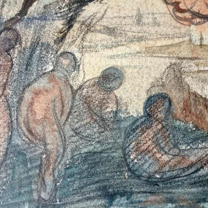 Eugène Laermans, dessin « Les baigneuses » technique mixte sur papier, école belge 1916