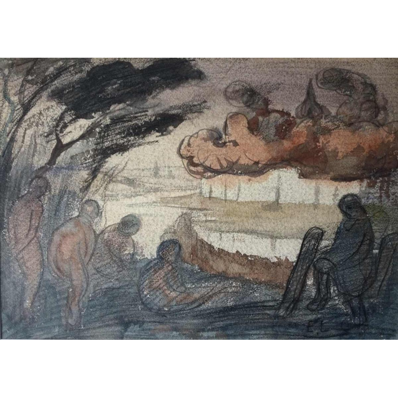 Eugène Laermans, tekening Les baigneuses gemengde techniek op papier, Belgische school 1916