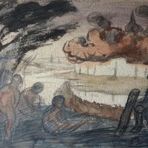 Eugène Laermans, tekening Les baigneuses gemengde techniek op papier, Belgische school 1916