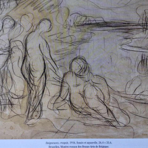 Eugène Laermans, dessin « Les baigneuses » technique mixte sur papier, école belge 1916