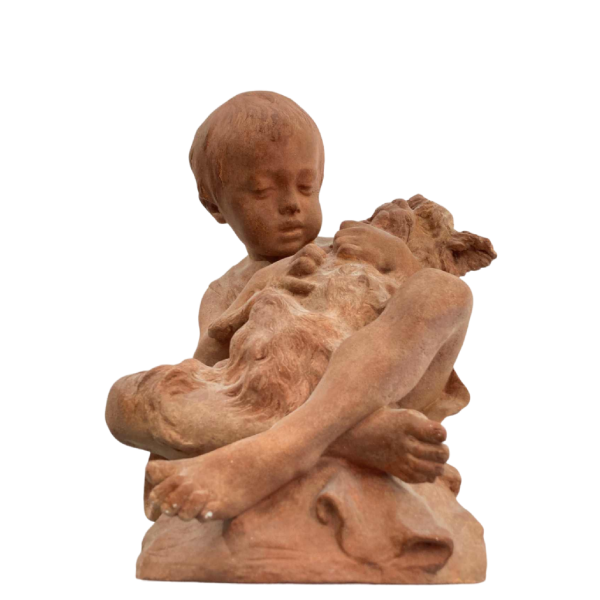 Namur Émilie Jean Fe. 'Child with dog' terracotta sculpture 1877