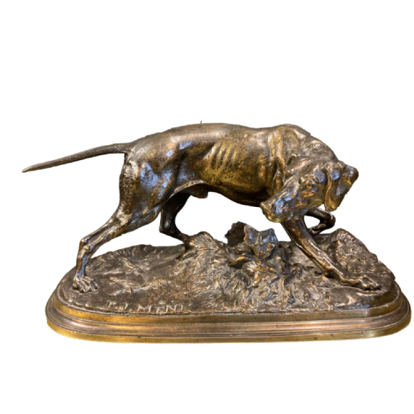Pierre-Jules Mêne, Braque hunting dog, bronze animal sculpture, 19th century
