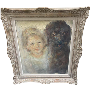 Guislain Jean Marie, tableau "Portrait de fillette et de son chien" huile sur panneau, ca 1930