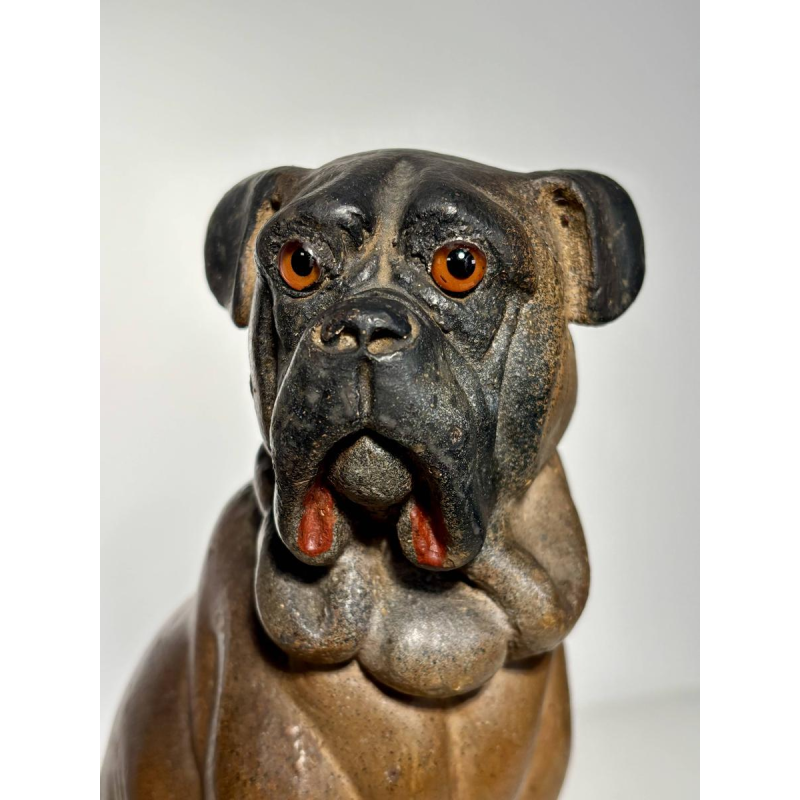Een paar veelkleurige terracotta sculpturen van Engelse bulldogs, Engeland, 19e eeuw.