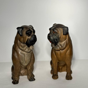Pair of polychrome terracotta sculptures of English bulldogs, England, 19th century