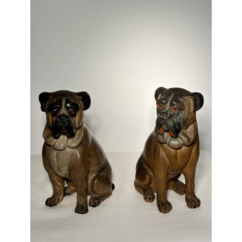 Pair of polychrome terracotta sculptures of English bulldogs, England, 19th century