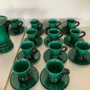 Marius Giuge, green glazed stoneware coffee and tea service, 20th century
