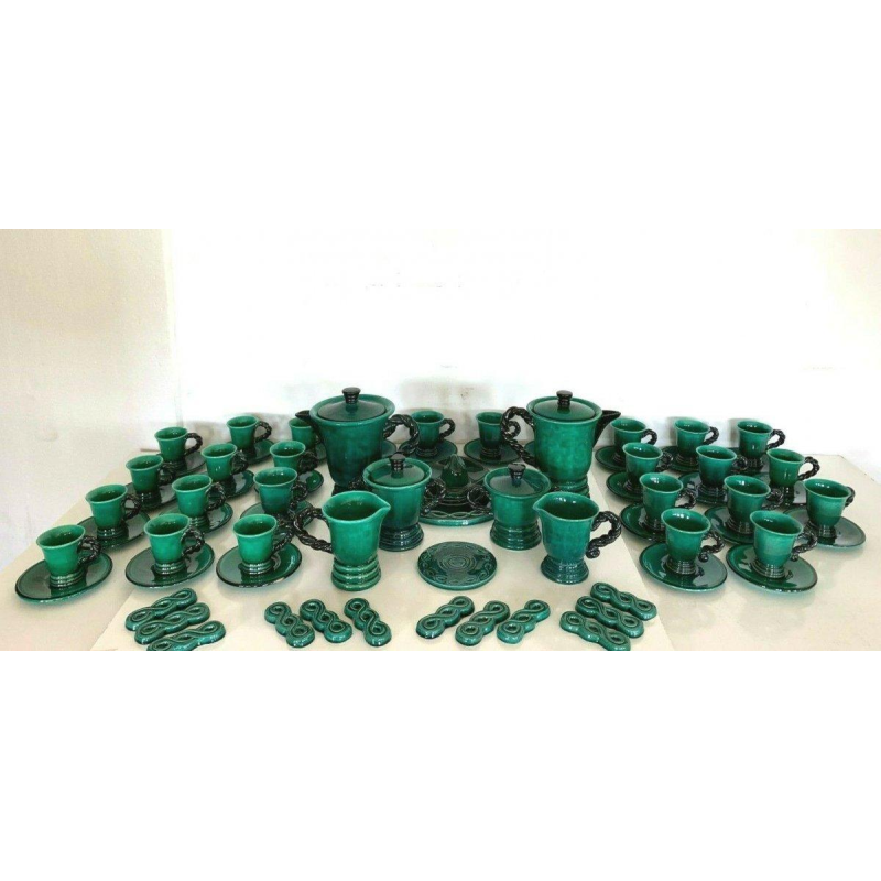 Marius Giuge, green glazed stoneware coffee and tea service, 20th century