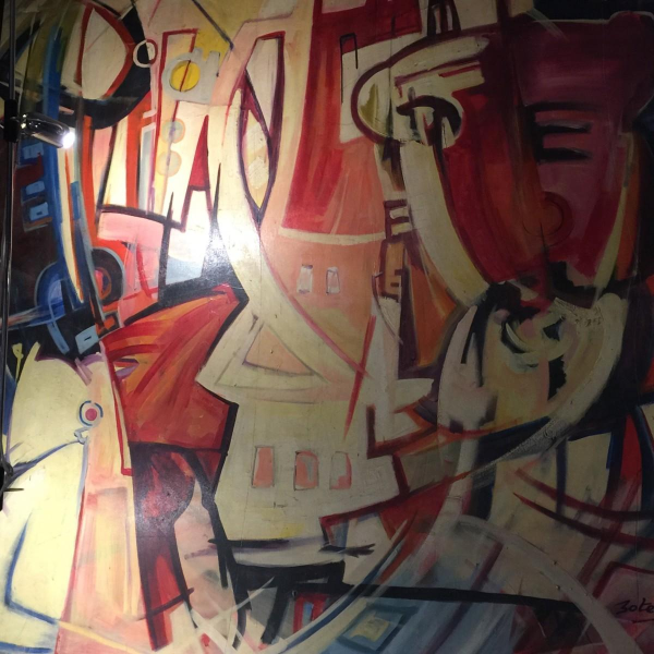 Roger Botembe 'Maskers en Fetisjen', monumentaal abstract schilderij, olieverf op doek, 1992