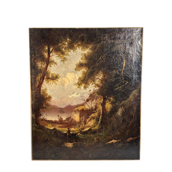German School (attributed to), oil on canvas, romantic landscape with traveler, circa 1890-1910