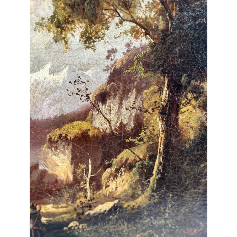 German School (attributed to), oil on canvas, romantic landscape with traveler, circa 1890-1910