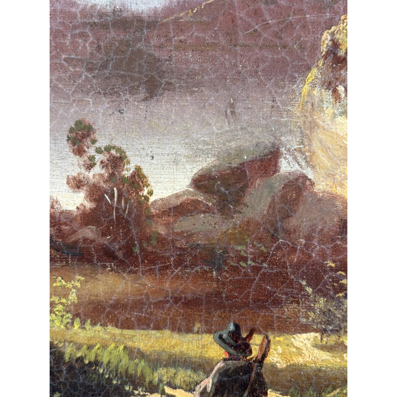 Ecole allemande (attribué à), huile sur toile, paysage romantique avec voyageur, vers 1890-1910