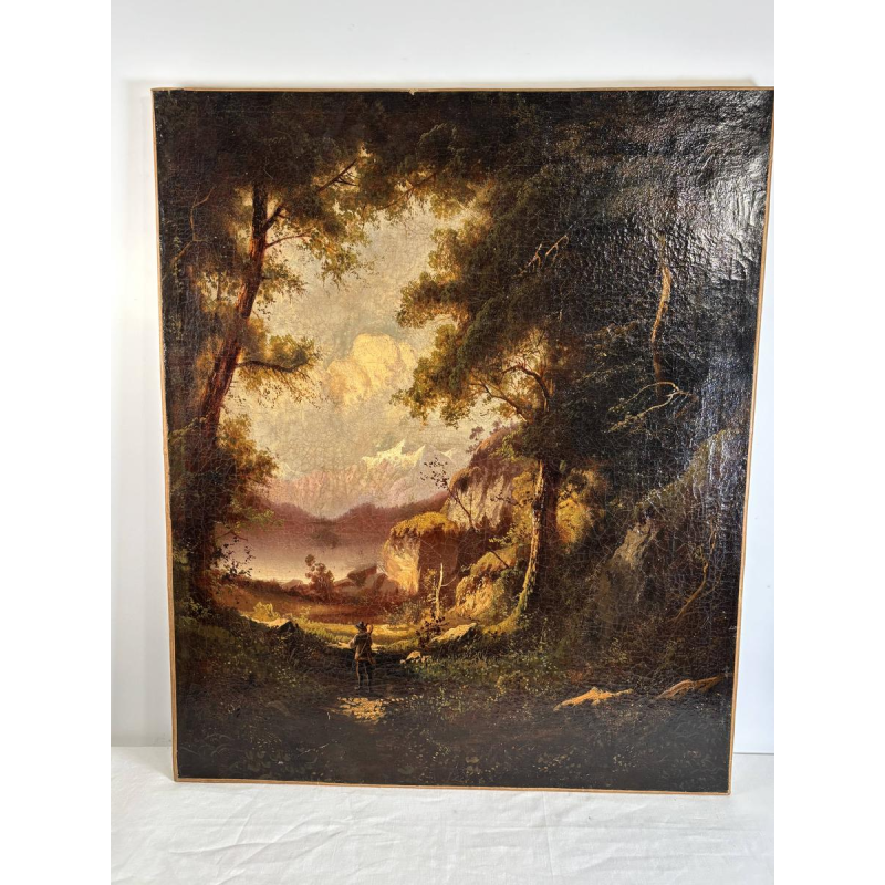 German School (attributed to), oil on canvas, romantic landscape with traveler, circa 1890-1910