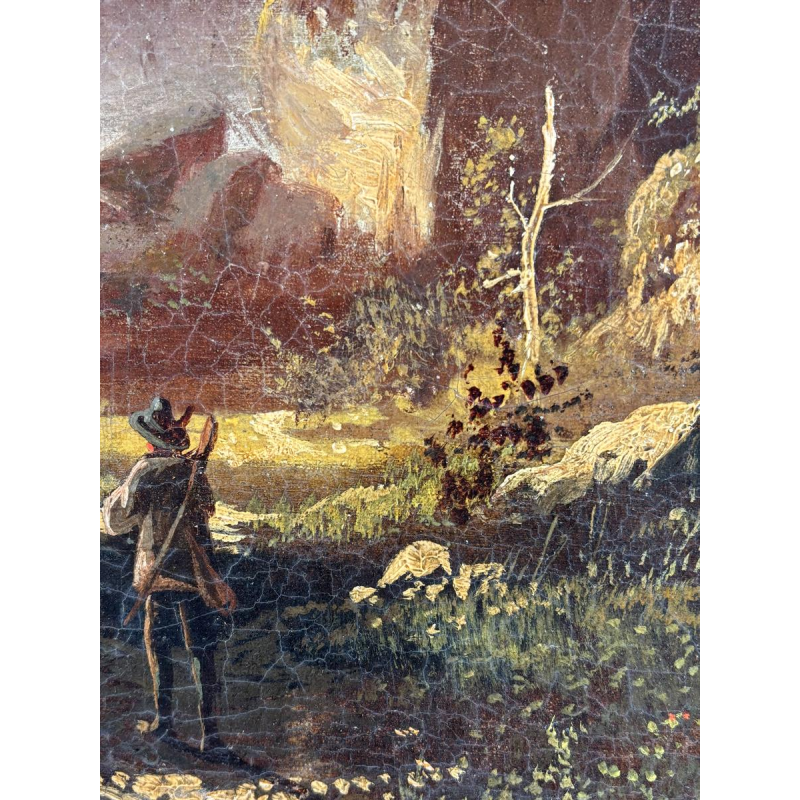 Ecole allemande (attribué à), huile sur toile, paysage romantique avec voyageur, vers 1890-1910