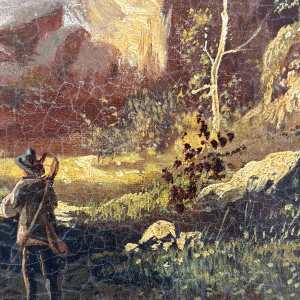 Ecole allemande (attribué à), huile sur toile, paysage romantique avec voyageur, vers 1890-1910