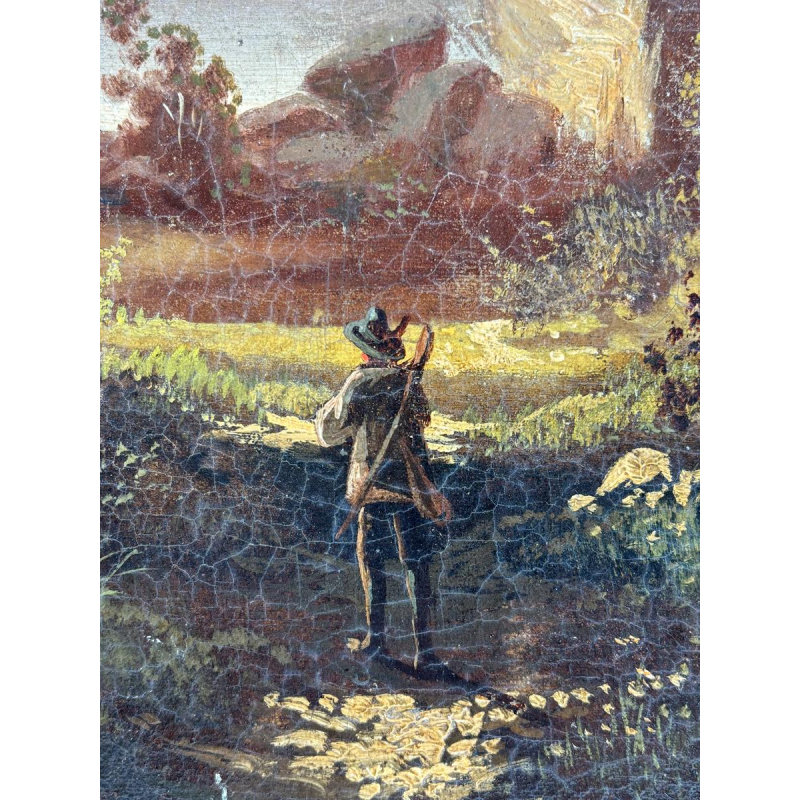 Ecole allemande (attribué à), huile sur toile, paysage romantique avec voyageur, vers 1890-1910