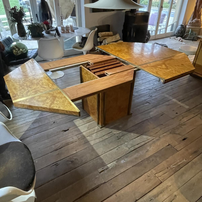 JEAN-CLAUDE MAHEY, table de salle à manger Hollywood Regency, allonges intégrées, ca 1970