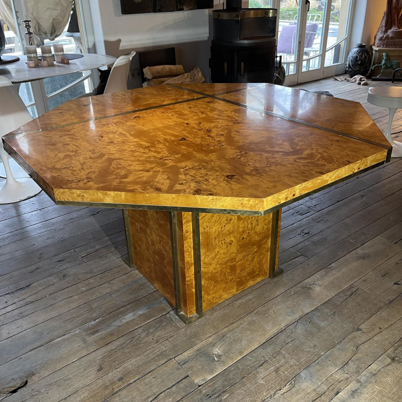 JEAN-CLAUDE MAHEY, table de salle à manger Hollywood Regency, allonges intégrées, ca 1970