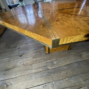 JEAN-CLAUDE MAHEY, table de salle à manger Hollywood Regency, allonges intégrées, ca 1970