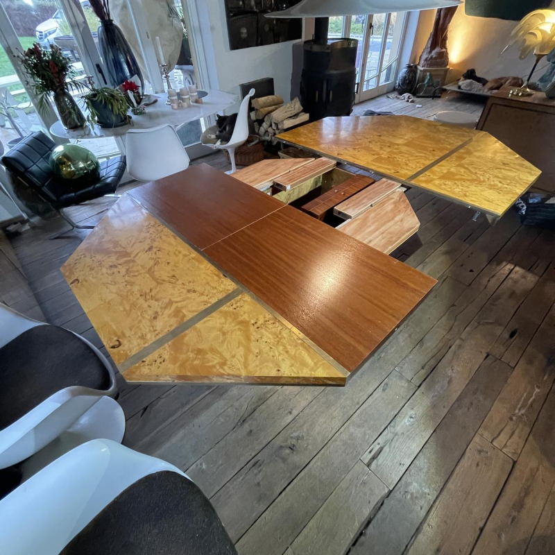 JEAN-CLAUDE MAHEY, Hollywood Regency dining table, integrated extensions, ca. 1970