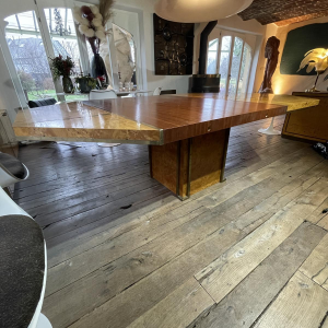 JEAN-CLAUDE MAHEY, table de salle à manger Hollywood Regency, allonges intégrées, ca 1970