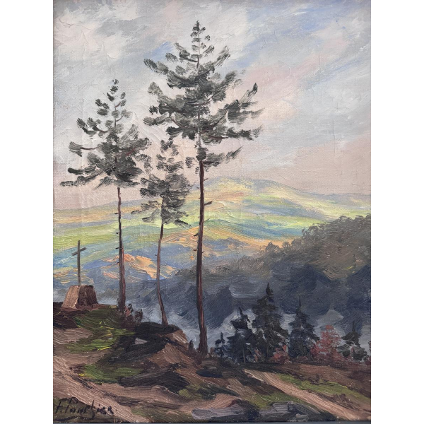 Fernand PONTHIER «Pins et calvaire en Ardèche» tableau huile sur toile