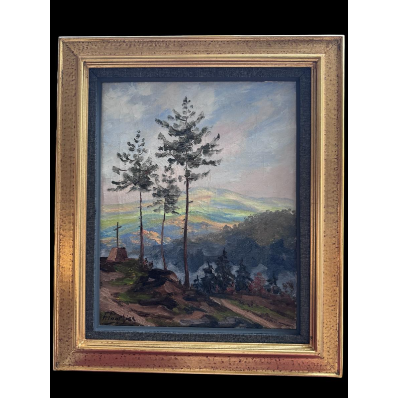 Fernand Ponthier, "Dennenbomen en Calvarie in de Ardèche," olieverfschilderij op doek