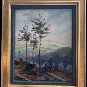 Fernand Ponthier, "Dennenbomen en Calvarie in de Ardèche," olieverfschilderij op doek